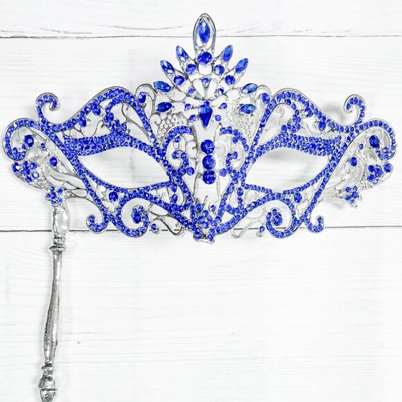Blue Crystal Masquerade Mask with Stick, Silver Masquerade Mask, Wedding Party - Picture 1 of 6